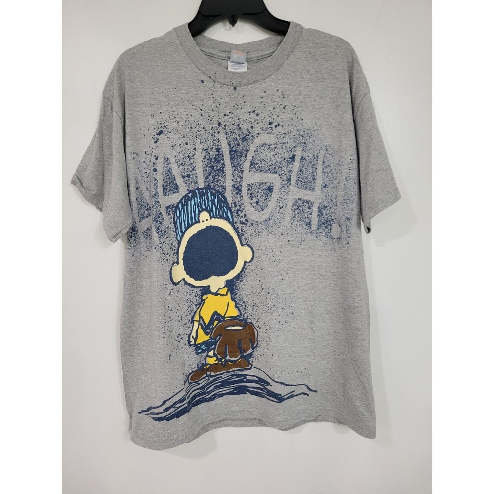 Vintage Peanuts  SNOOPY Charlie Brown BASEBALL  AAUGH Gray Shirt Large